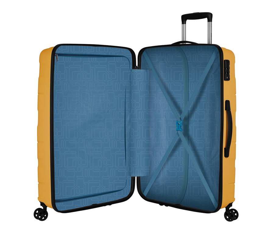 Geöffneter, grosser American Tourister »Jetdriver 3.0« Koffer in Bananencreme.