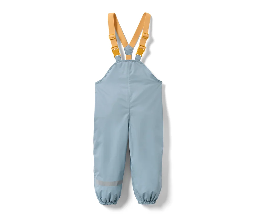Hellblaue Kinder-Thermo-Regenhose mit gelben Trägern.