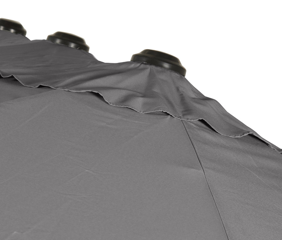 Detailaufnahme eines anthrazitfarbenen Doppelsonnenschirms.