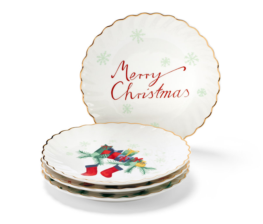 Vier Dessertteller mit Glanzgolddekor. Ein Teller zeigt die Aufschrift Merry Christmas, die anderen Teller zeigen Abbildungen von Geschenken und Weihnachtssocken.