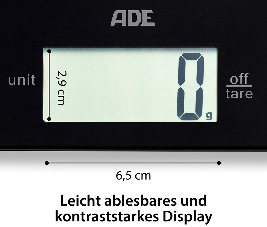 Detailaufnahme der schwarzen digitalen Küchenwaage ADE »Leonie«, Displaygröße 2,9 x 6,5 cm.