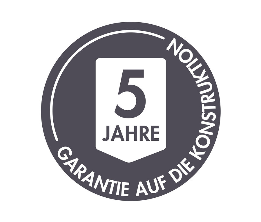 Grauer Kreis mit weißem Schild in der Mitte, der die Zahl 5 und das Wort 'JAHRE' anzeigt. Der Text 'GARANTIE AUF DIE KONSTRUKTION' umgibt den äußeren Rand des Kreises.