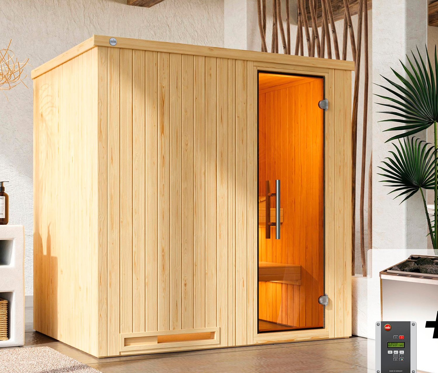 Badezimmerinneneinrichtung mit Weka Elementsauna, Halmstad BioS, Waschbecken und dekorativen Elementen.