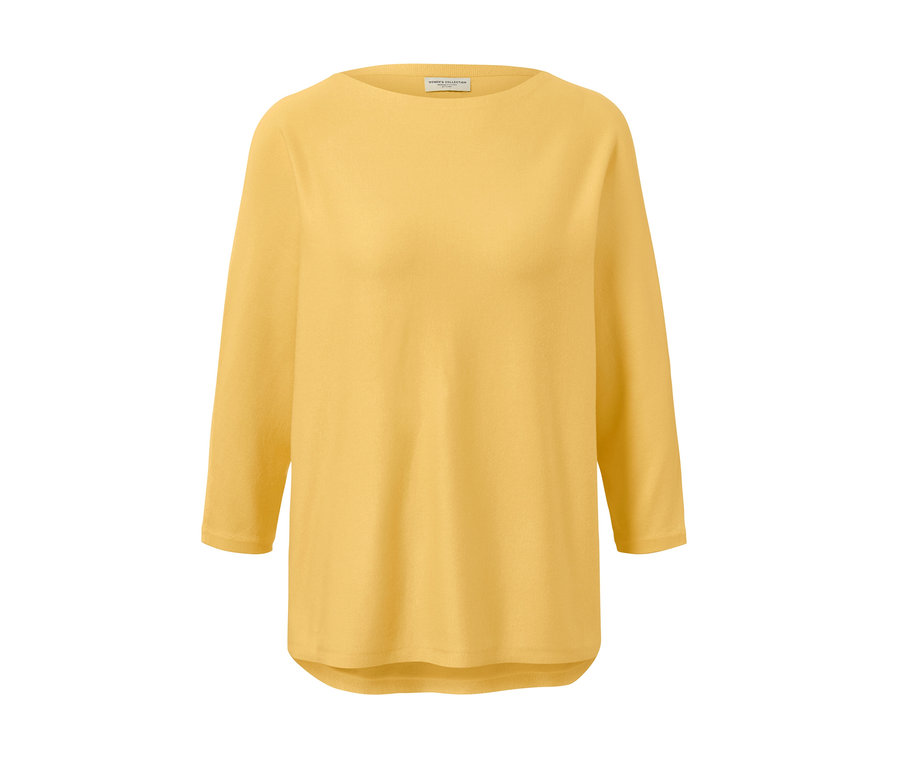 Gelber Feinstrickpullover mit langen Ärmeln.