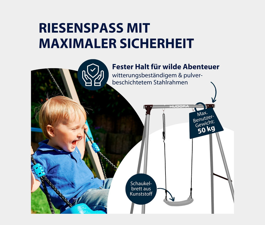 Lachender Junge auf blauer HUDORA Schaukel.