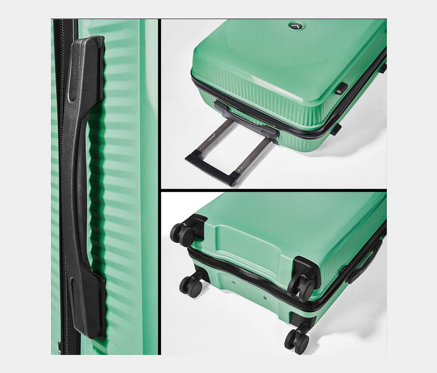 Detailaufnahmen eines grünen Packenger Koffer 3er-Set »Micario«, die den Griff, den ausziehbaren Griff und die Räder zeigen.