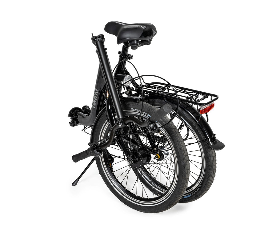 Zusammengeklapptes HAWK Bikes Alu Faltrad Folder 3.0 auf weißem Hintergrund.