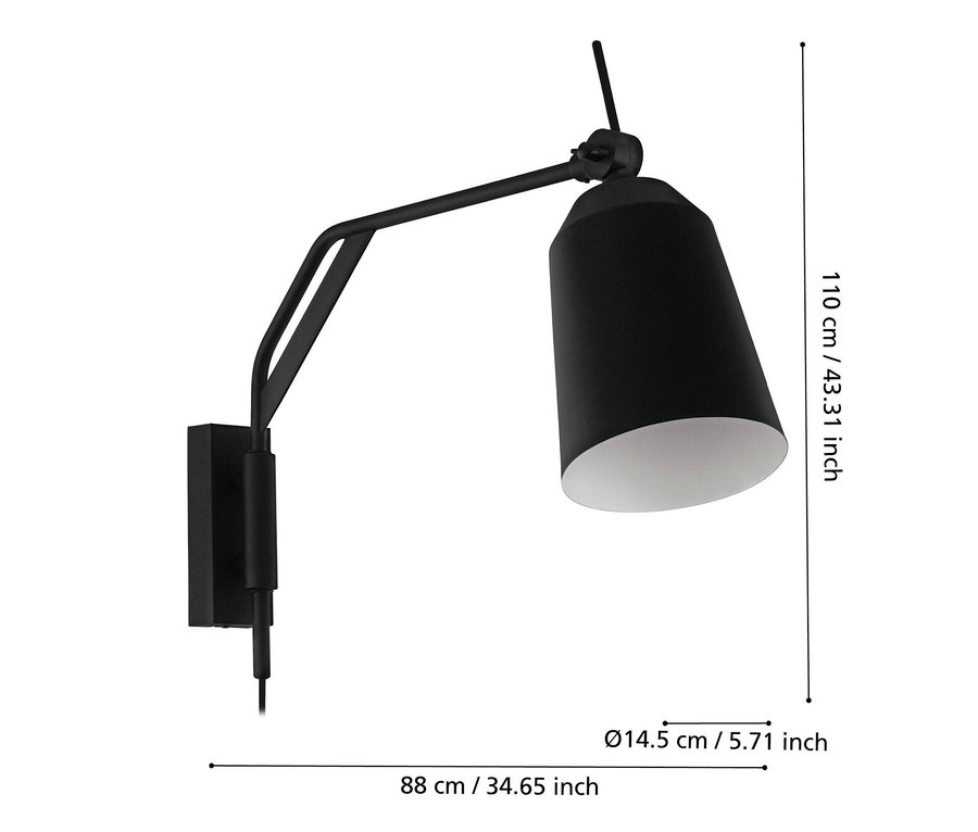 Schwarze Eglo Wandleuchte »Loreto« mit Maßangaben.