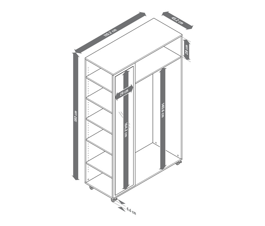 Abbildung einer mobilen Spiegelschrank-Garderobe mit Massangaben.