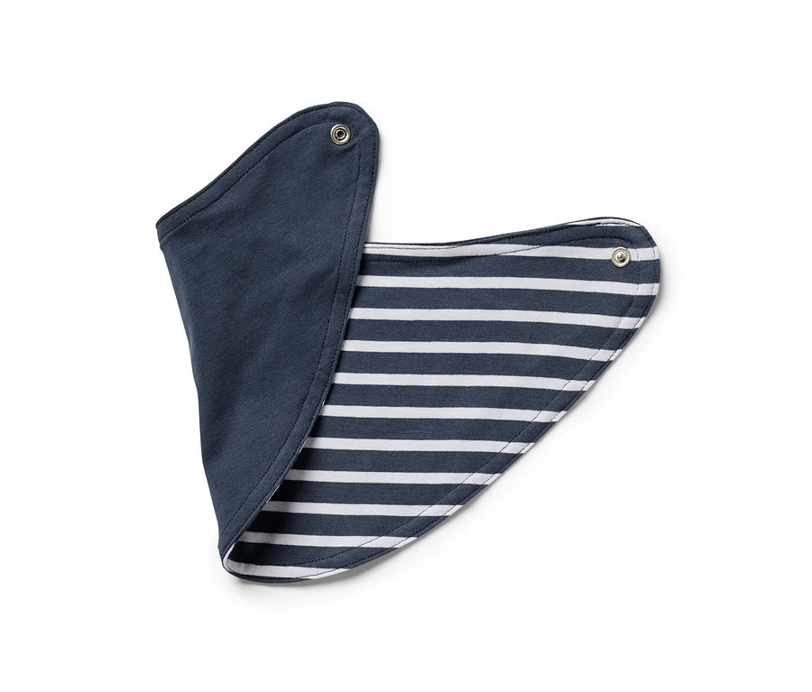 Lätzchen aus Baby-Set, 3-teilig, mit einer Seite in Dunkelblau und der anderen gestreift.