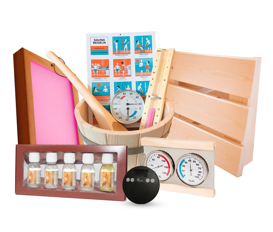 Saunaausstattung inklusive Kübel, Schöpfkelle, Thermometer, Hygrometer, Essenzen und Saunaregeln.