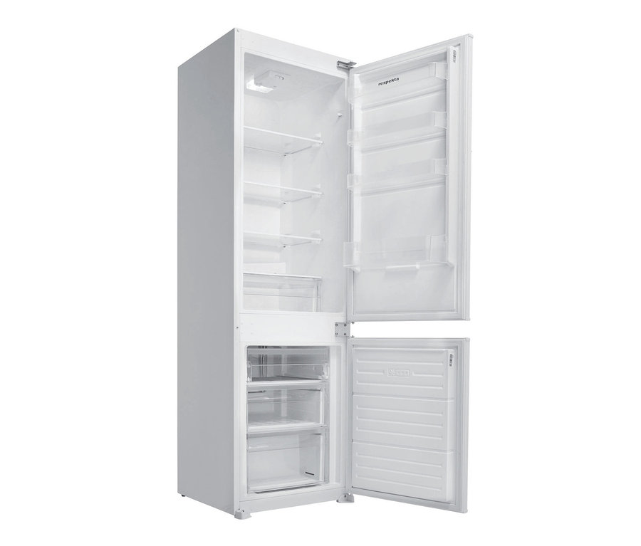 Geöffneter, weißer Respekta Kühl-Gefrierkombination »GKE178N« mit Regalen und Schubladen.