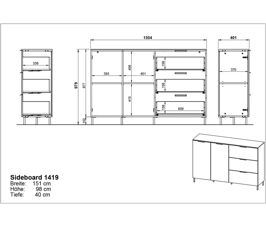 Technische Zeichnung des Sideboards "Kenora" mit Maßangaben.