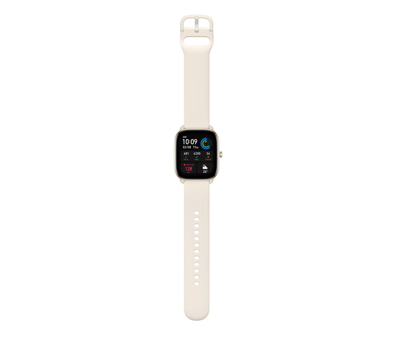 Nahaufnahme einer Amazfit GTS 4 Mini-Smartwatch in Moonlight White, die Zeit und Gesundheitsdaten anzeigt.