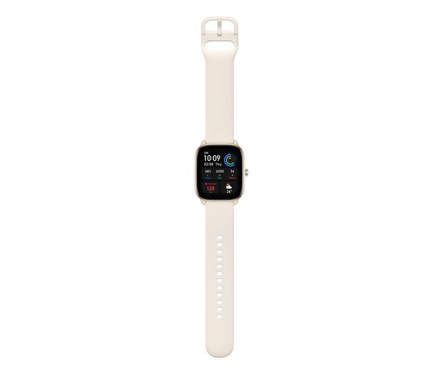 Nahaufnahme einer Amazfit GTS 4 Mini-Smartwatch in Moonlight White, die Zeit und Gesundheitsdaten anzeigt.