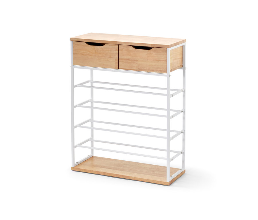 Schuhregal mit Schubladen mit Holzschubladen und weißem Rahmen.