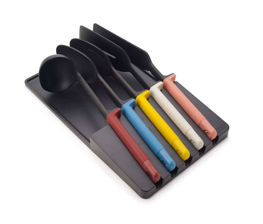 Schwarzes Joseph Joseph Elevate Küchenhelfer-Set mit farbigen Griffen.