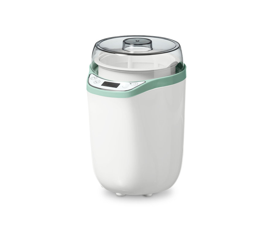 Weißer Joghurt- und Frischkäsebereiter mit digitalem Display.