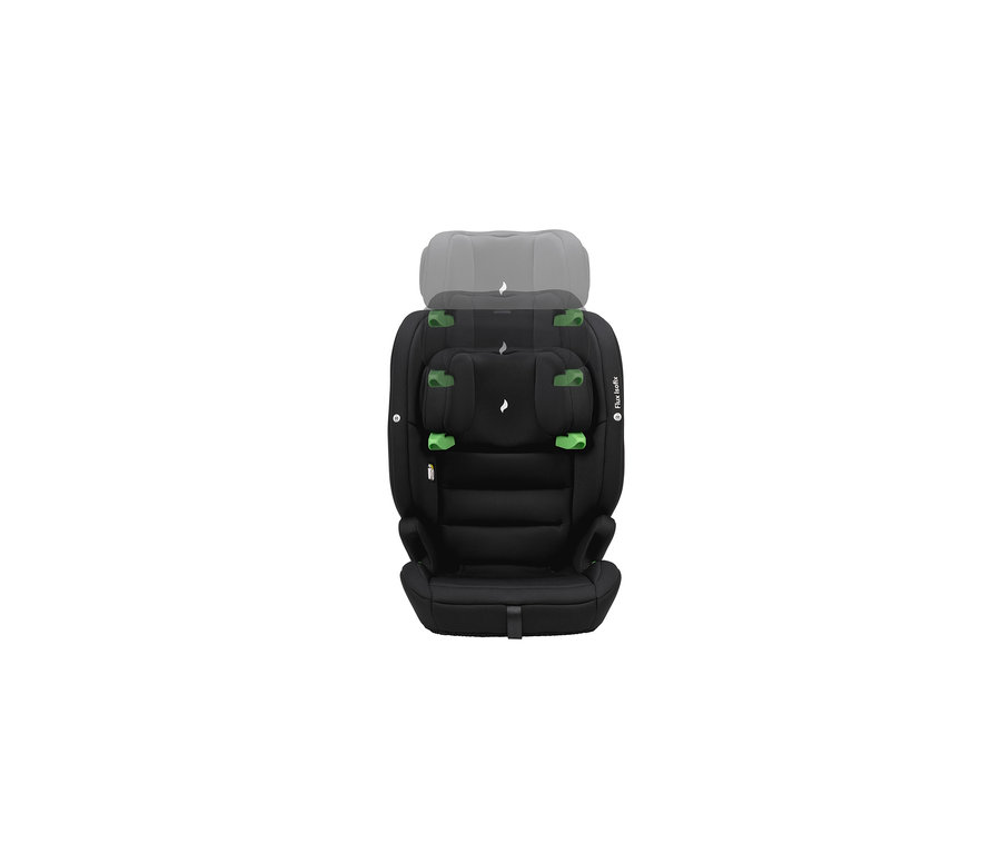 Ein schwarz-grauer Osann Kindersitz »Flux Isofix i-Size« mit verstellbarer Kopfstütze.