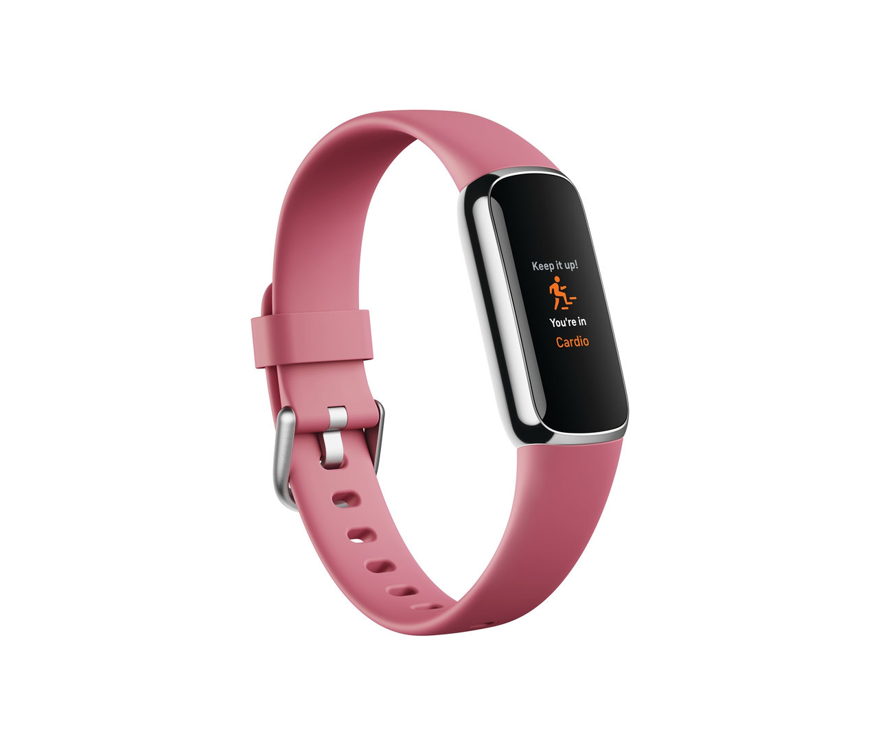Nahaufnahme eines Fitbit Fitness Trackers »Luxe« mit rosafarbenem Armband.