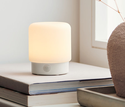 Ein LED-Mini-Multifunktionslicht mit Bewegungsmelder steht auf Büchern neben einer Vase mit Blumen.