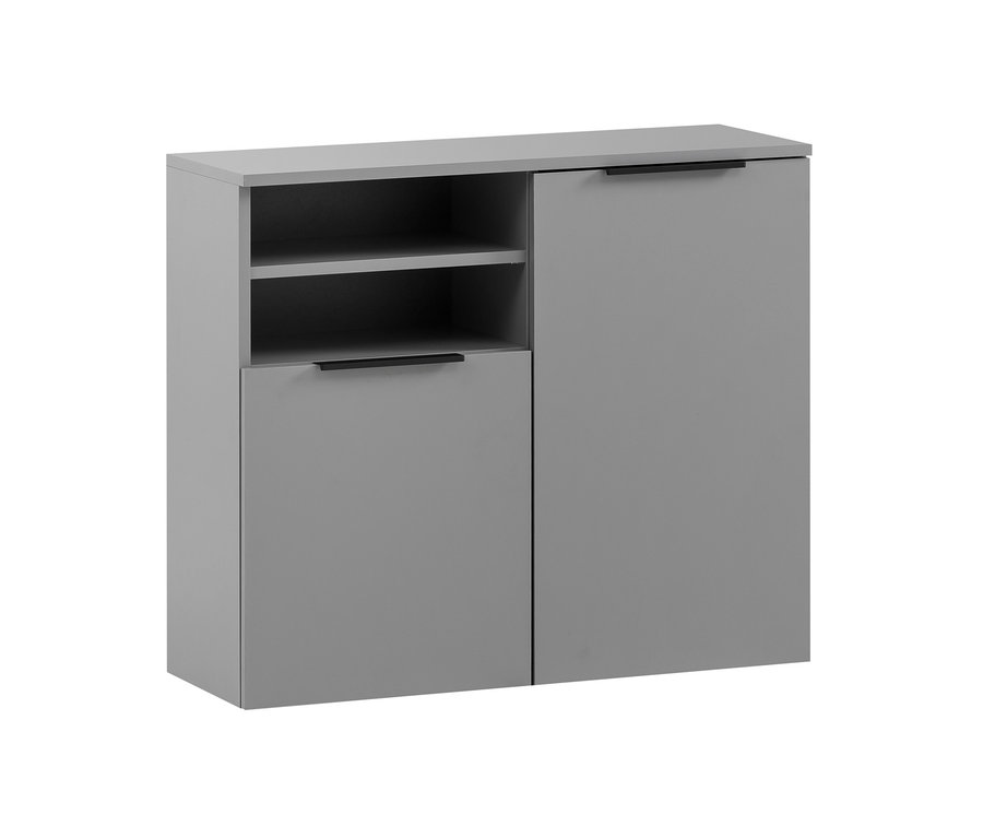 Grauer Unterschrank »Alessio« mit Regalen und Türen.