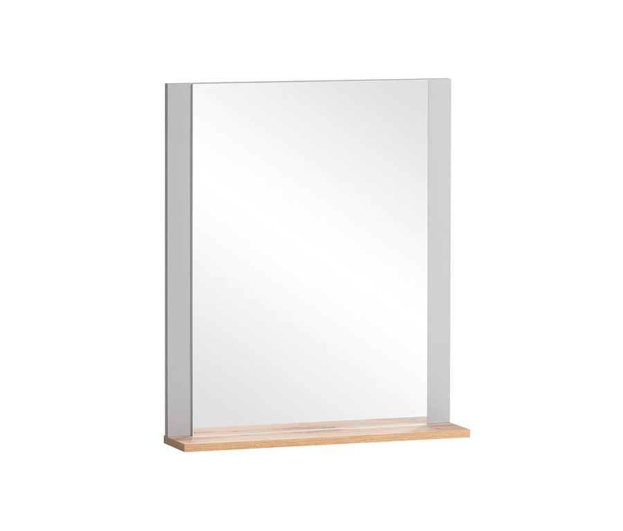 Rechteckiger Spiegel Jelda mit Platinrahmen und Eichenholzablage.