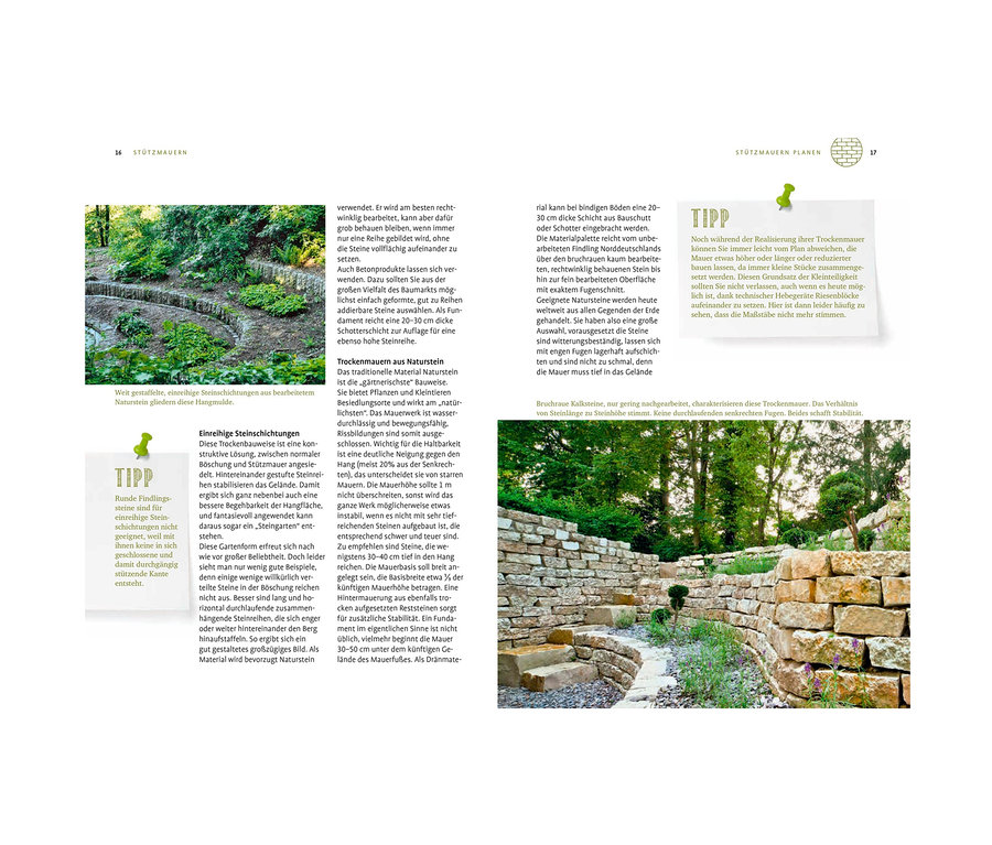 Gestaffelte Steinmauern mit Vegetation zwischen den Steinen. Buch »Der neue grosse Gartenplaner«.