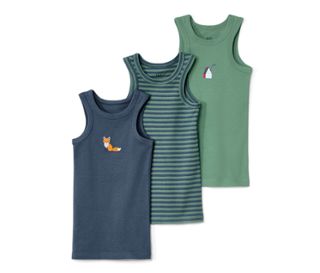 1x mittelblau und 1x grün mit platziertem Print, 1x grün-mittelblau gestreift