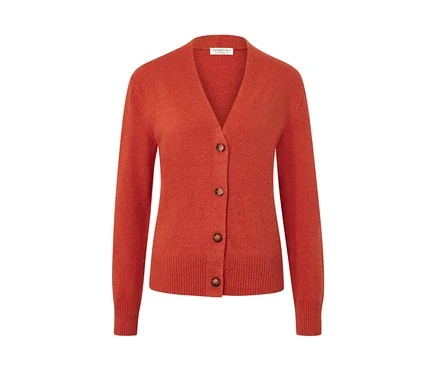 Orangefarbener Cardigan mit V-Ausschnitt und Knöpfen.