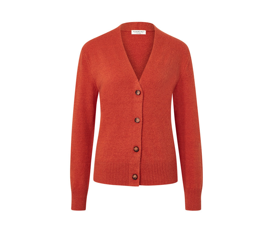 Orangefarbener Cardigan mit V-Ausschnitt und Knöpfen.
