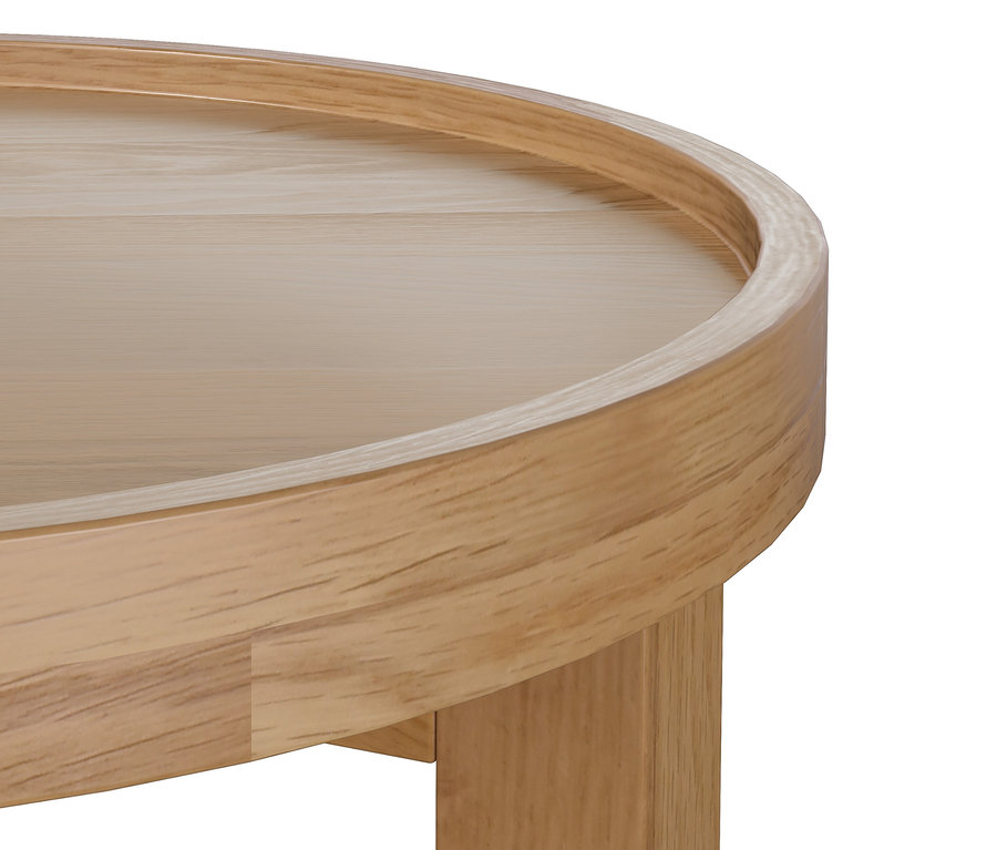 Detailansicht eines runden Beistelltisches aus hellem Holz.