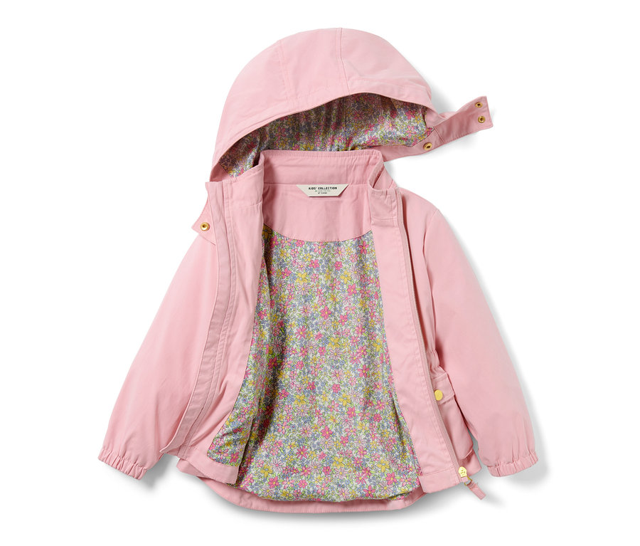 Geöffnete Kleinkind-Parka in Rosa mit Blumenfutter.