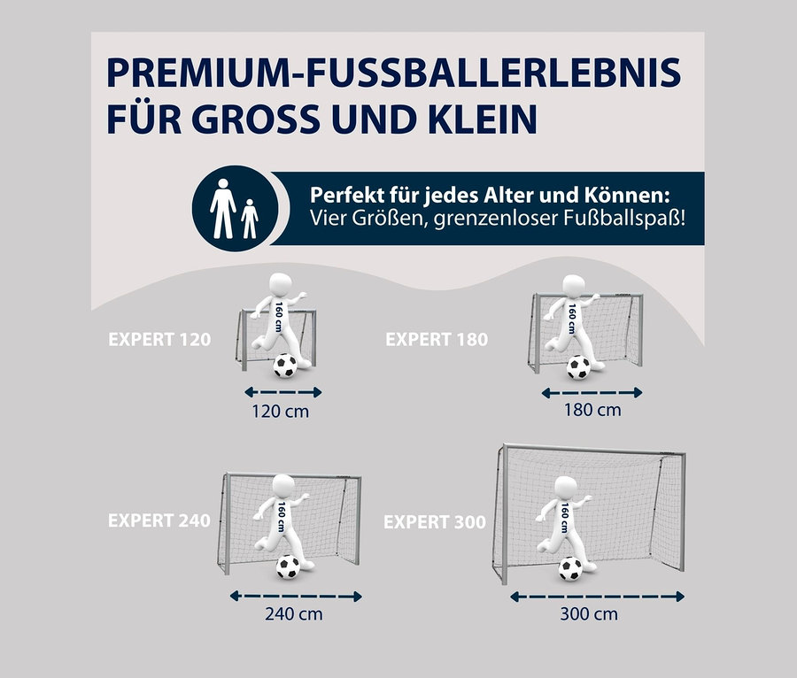 Illustration mit HUDORA Fußballtoren Expert 120, 180, 240 und 300, mit einer Figur, die einen Ball tritt.
