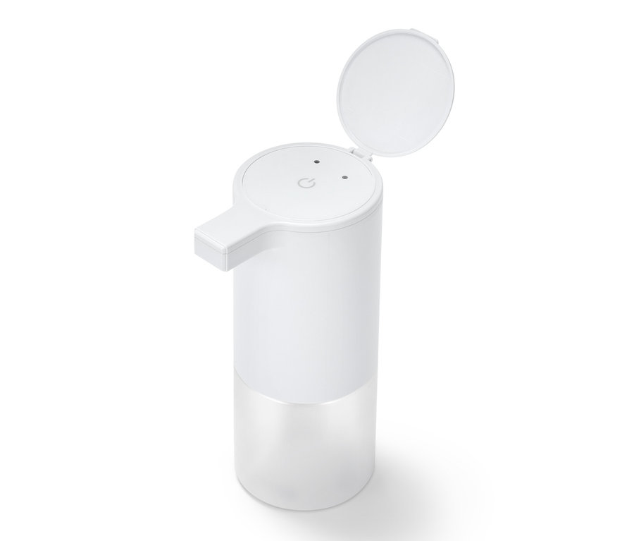 Weißer Seifenspender mit Sensor und geöffnetem Deckel.