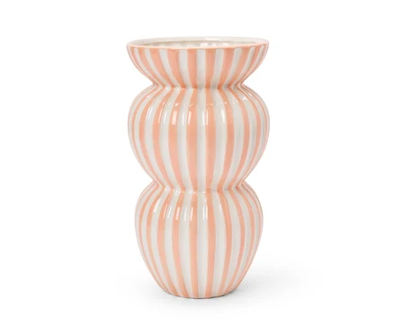 Eine große Vase mit rosa und weißen Streifen.