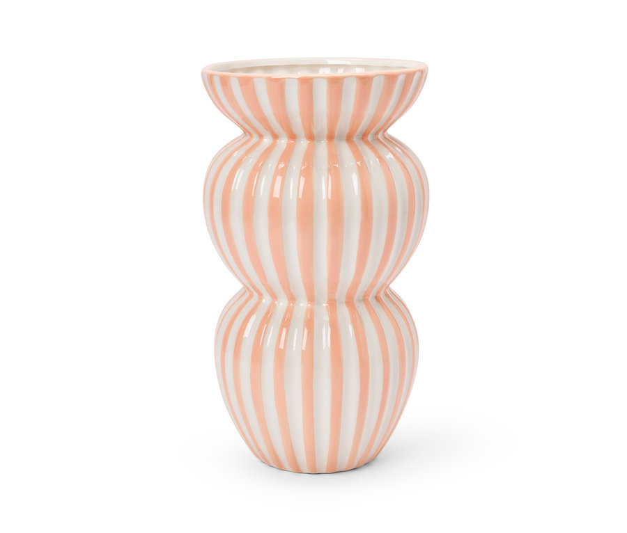 Eine große Vase mit rosa und weißen Streifen.