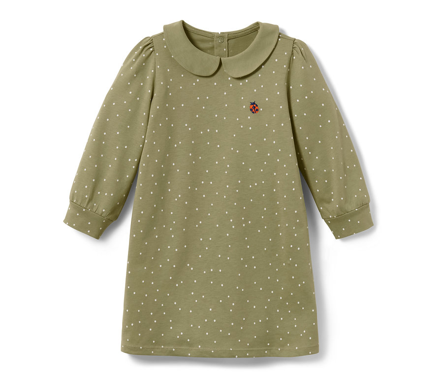 Grünes Kleinkinder-Jerseykleid mit weißen Punkten und einem Käfer.