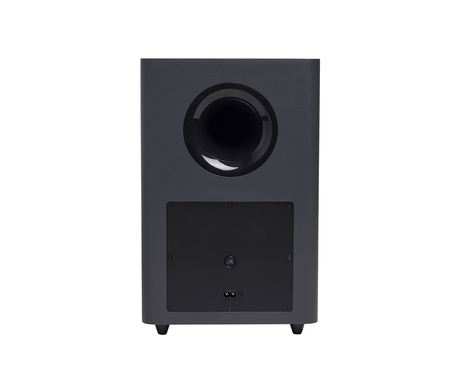 Rückseite des schwarzen, kabellosen Subwoofers der JBL Bar 2.1 Deep Bass Soundbar.
