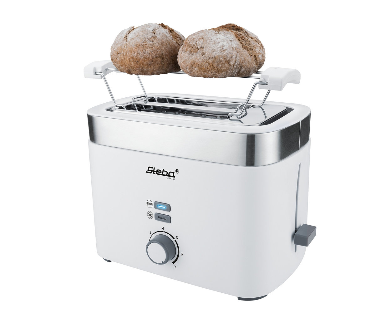 Zwei Brote liegen auf dem weißen Steba Toaster »TO 10 BIANCO«.