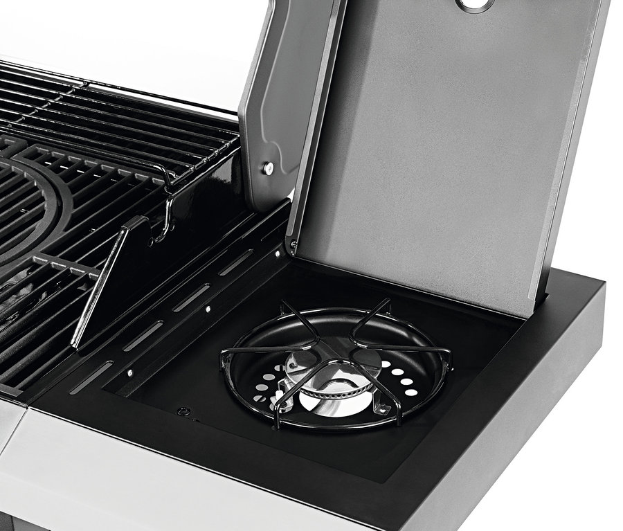 Detailansicht des Landmann Gasgrills »Fryton 4.1 cook« mit Seitenbrenner und Gusseisenrost.
