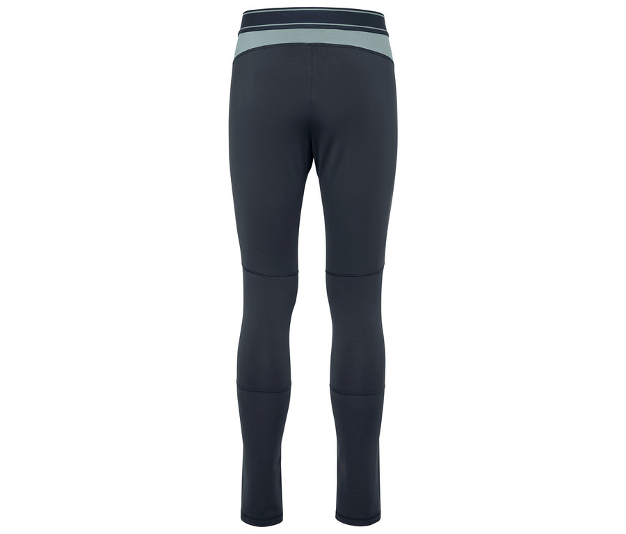 Schwarze Leggings mit grauem Bund, Rückansicht.