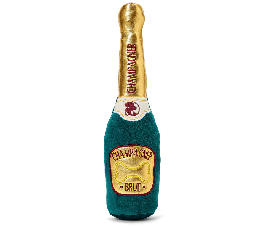 Plüschtier für Hunde in Form einer Champagnerflasche.