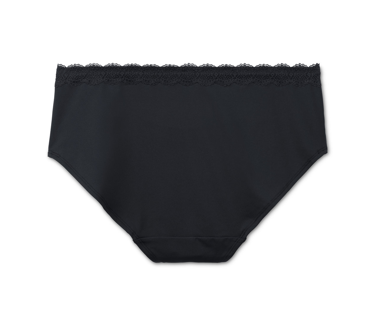 Ein einzelner schwarzer Slip (5 Pantys) mit Spitze am Bund, isoliert.