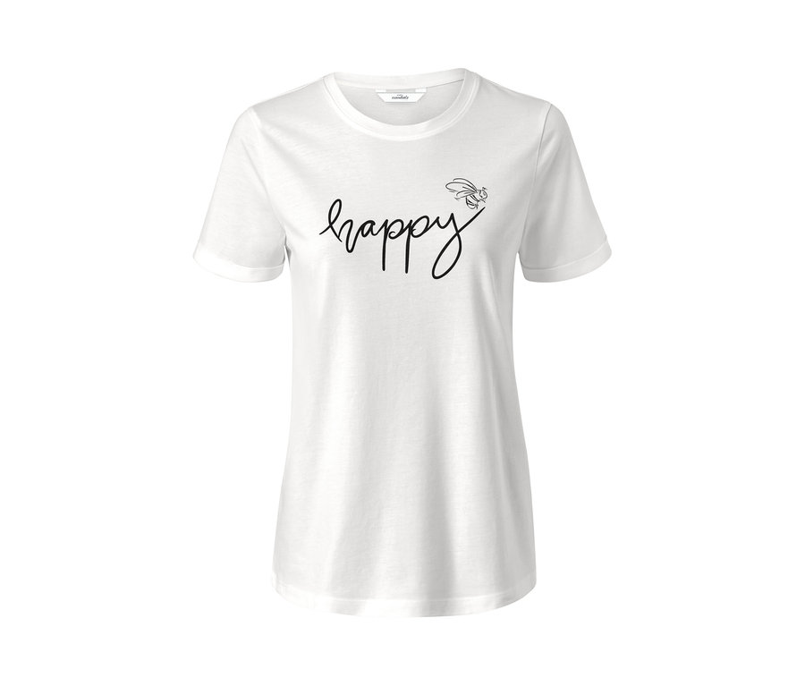 Weißes Statement-Shirt mit dem Schriftzug "happy" und einer Bienen-Grafik.