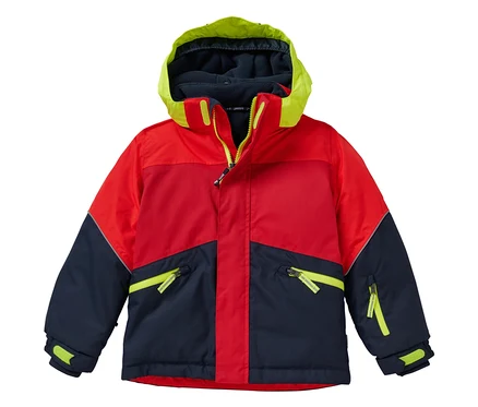 Die JAKO-O Kinder-Robustjacke in Tomatenrot ist eine Winterjacke mit Kapuze in Rot, Dunkelblau und Neongelb.