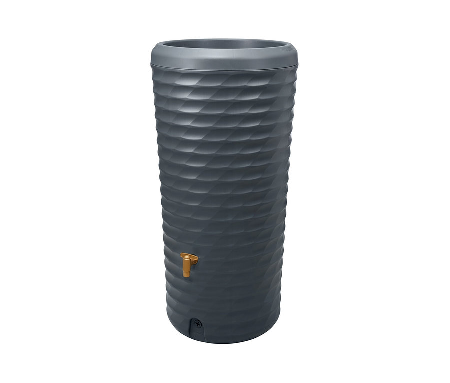 Graue Garantia 2-in-1 Regentonne mit Wasserhahn.