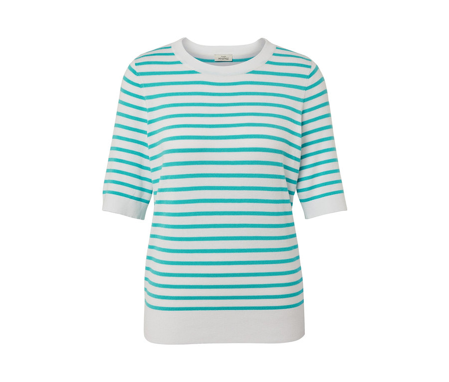 Aqua-farbener, gestreifter Feinstrickpullover.