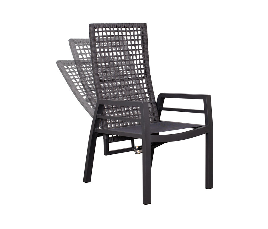 Grauer deVries Dining-Set Sessel mit Seilgeflecht und verstellbarer Rückenlehne.