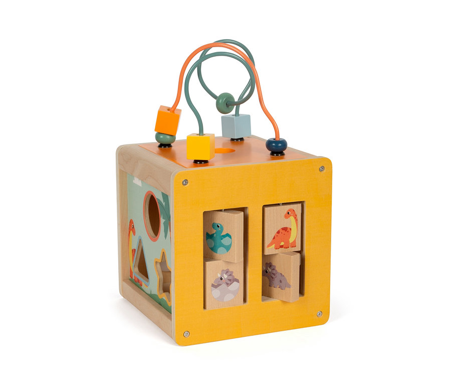 Gelb-hölzerner small foot Motorikwürfel »Dino« mit Dinosauriern und einer Drahtschlaufe mit Perlen.